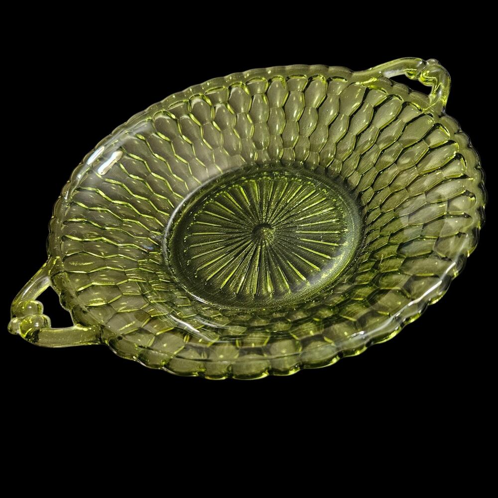 Vintage Olive Green Pressed Glass Handled Serving Bowl Dish Centerpiece
